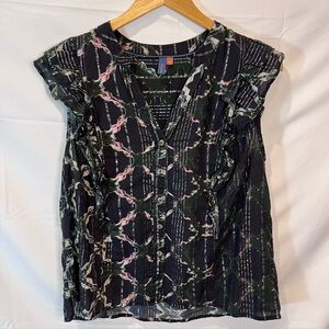 Pilcro Black floral Pleated Ruffled Blouse size L cotton summer top.